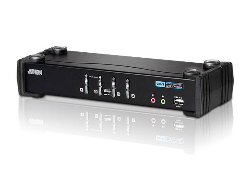 Aten Desktop KVMP Switch 4 Port Single Display DVI w/ audio, 4x Custom KVM Cables Included, 2x USB Port, Selection Via Front Panel Aten Desktop KVMP Switch 4 Port Single Display DVI w/ audio, 4x Custom KVM Cables Included, 2x USB Port, Selection Via Front Panel